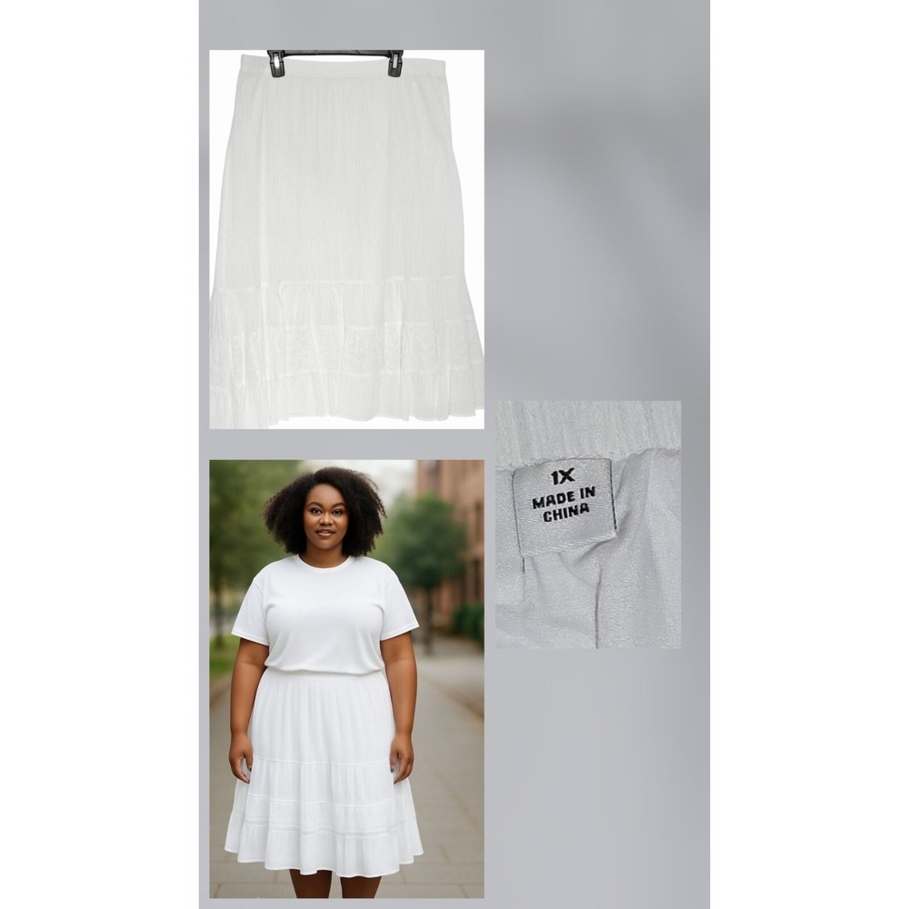 D & Co White Midi Tiered Ruffle Skirt‎ Size 1x Elastic Waist Gauzy Summer Cotton